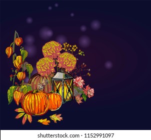 autumn pumplin lamp vector background paint style dark thanksgiving