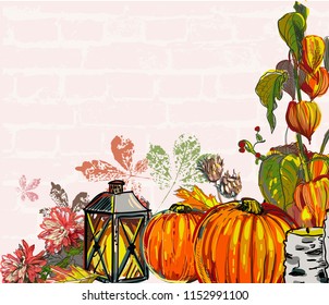 autumn pumplin lamp vector background paint style white thanksgiving