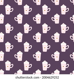 Autumn Purple and Pink Coffee Latte Cups Seamless Pattern Background