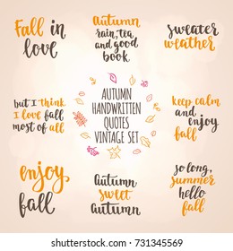 Autumn quotes vintage lettering set. Fall handwritten calligraphy retro stile vector illustration  for design Greeting cards, Invitations, Gifts and banners on light background.