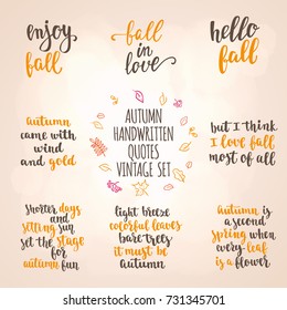 Autumn quotes vintage lettering set. Fall handwritten calligraphy retro stile vector illustration  for design Greeting cards, Invitations, Gifts and banners on light background.
