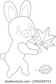 Autumn rabbit with a maple leaf. Vector illustration for coloring book.