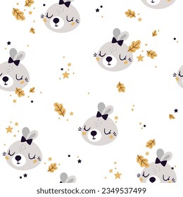 Autumn rabbit seamless pattern design, Cute bunny digital paper. Animal face vector background