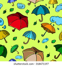 Autumn radiant seamless pattern with colorful umbrellas, leaves and rain drops on bright green background