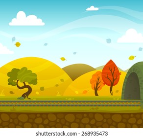 Autumn railway 2d game landscape with roadway and hills on background flat vector illustration