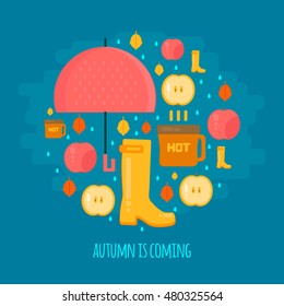 Autumn rain composition in flat style.  Fall illustration with umbrella, hot coffee and rubber boots. Vector flat style.