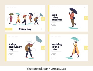 Autumn rain concept of landing pages set with people walk under umbrellas in rainy cold day. Seasonal rainfall and wind in city. Cartoon flat vector illustration