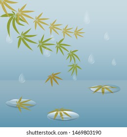 Autumn, rain, drops, puddles, autumn leaves - gray-blue background- abstract illustration - vector. Good mood in rainy weather. Branches and leaves of hemp.