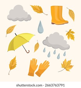 Elementos de chuva de outono com nuvens cinzentas, gotas de chuva, guarda-chuva, luvas e folhas de queda amarelas.