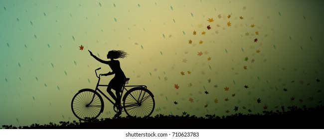 autumn rain, girl riding on the bicycle and autumn leaves swirling and rain started, silhouette, weather changing autumn come, vector