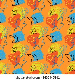 Autumn, rain and leaves seamless vector pattern. Orange, yellow, blue and black colors.