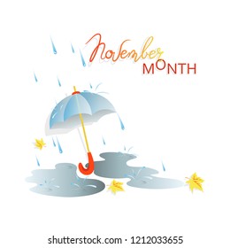 Autumn. Rain. November month. Puddles after rain, umbrella, falling autumn leaves  and apples on a light background. Composition with space for text. Design for poster, advertising, calendar.