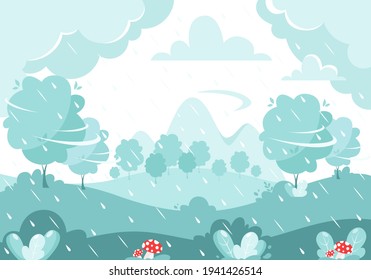 Autumn rain on nature background. Rainy and windy day. Autumn mushrooms. Vector illustration