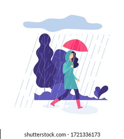 Autumn rain. Park walking, springtime rainy day. Woman with umbrella, rubber boots and raincoat vector illustration