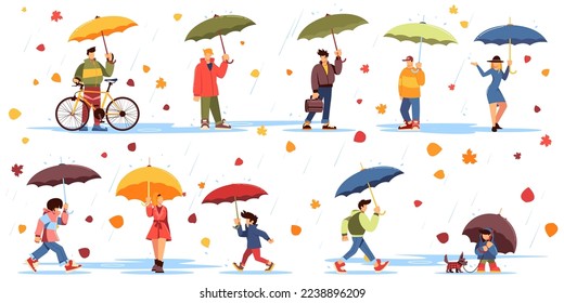 Autumn rain. People characters with umbrellas. City weather. Leaves and raindrops. Walking men and women. Running couple. Children on bicycles. Autumnal rainfall. Vector cartoon set