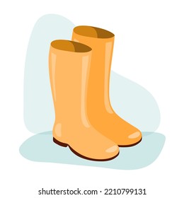 Autumn Rain Rubber Boots. Isolated Yellow Pair Of Boots On A White Background. Autumn, Wet And Cosy Weather. Illustration For Gardening, Fall Design, Cards, Scrapbooking, Presentation Or Textile.