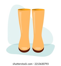 Autumn rain rubber boots. Isolated yellow pair of boots on a white background. Autumn, wet and cosy weather. Illustration for gardening, fall design, cards, scrapbooking, presentation or textile.