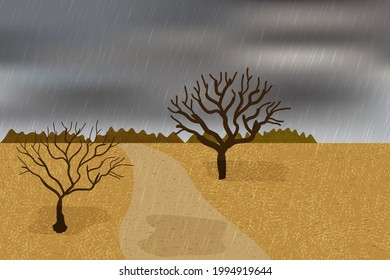 Autumn rainy day outdoor. Heavy clouds, water puddles on the field, bare trees.