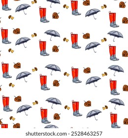Autumn Rainy Day Pattern Featuring Boots, Umbrellas, and Maple Leaves. Seamless pattern featuring red rain boots, matching umbrellas, and autumn maple leaves on a white background. 