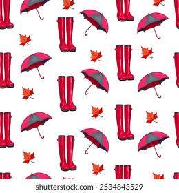 Patrón de día lluvioso de otoño con botas, paraguas y hojas de arce. Patrón sin fisuras con botas de lluvia rojas, paraguas a juego y hojas de arce de otoño sobre un fondo blanco. 