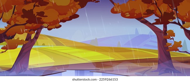 Autumn rainy landscape with farm fields, forest and river. Rural fall scene, countryside with trees with orange foliage, yellow fields, puddle and road, vector cartoon illustration