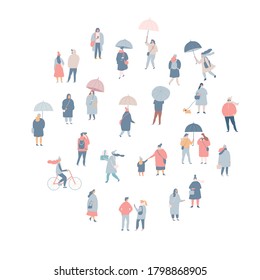 Autumn, rainy weather. Different People vector set. Male and female flat characters in warm clothes isolated on white background.	