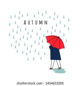 Autumn rainy weather. Hand drawn stylish man or woman with umbrella walking under the rain. Colored vector trendy illustration. Flat design. 