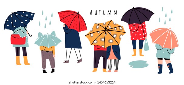 Autumn rainy weather. Hand drawn various stylish people standing under umbrellas in different clothes. Various poses. Colored vector trendy illustration. Flat design. All elements are isolated