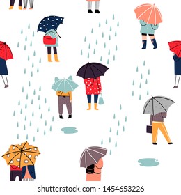 Autumn rainy weather. Hand drawn various stylish people standing under umbrellas in different clothes. Raindrops, puddles. Colored trendy illustration. Flat design. Vector seamless pattern