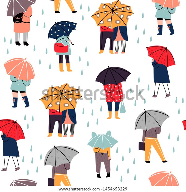 秋の雨 傘の下に立つ様々なスタイリッシュな人々を手描きで 服は違う さまざまなポーズ 雨粒 色鮮やかなイラスト フラットデザイン ベクターシームレスパターン のベクター画像素材 ロイヤリティフリー