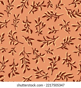 Autumn random botany elements seamless repeat pattern. Vector herbs all over surface print on apricot crush background.