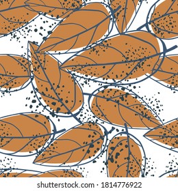 Autumn random seamless season pattern with leaves outline sihouettes. Abstract floral ornament in brown colors on white background with splashes. For wallpaper, textile, wrapping, fabric.