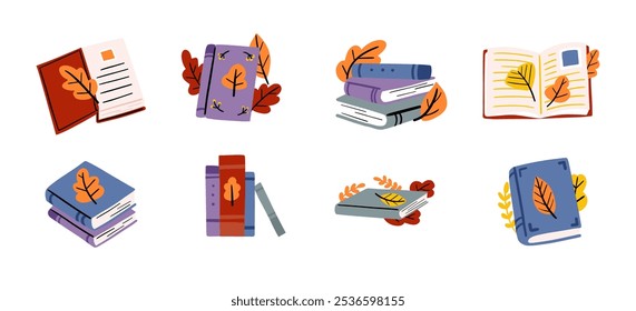 Autumn Reading Book Illustrations. Set of illustrations featuring books and autumn leaves, ideal for seasonal reading, study, and cozy themes