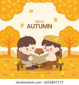 autumn, reading, children, bench, ginkgo tree