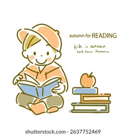 Autumn reading season, Boy enjoying autumn Simple and cute watercolor hand-drawn illustration