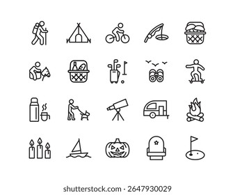 Autumn recreation and other activities icon set with adjustable line weight. Outline style icons depicting fall activities such as hiking, camping, fishing, mushroom picking birdwatching and other