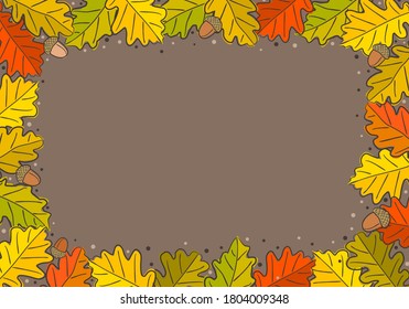 Autumn rectangular frame made from hand-drawn foliage. Yellow and orange leaves of maple and oak, oak acorns. Template or blank for fall decor. Vector illustration.