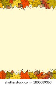 Autumn rectangular frame made from hand-drawn foliage. Yellow and orange leaves of maple and oak, oak acorns. Template or blank for fall decor. Vector illustration.