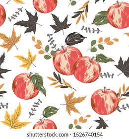 Autumn red apples, leaves, white background. Vector seamless pattern. Fall season illustration. October harvest. Organic fruit garden food. Nature design. Thanksgiving day