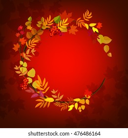 Autumn red background with a circle frame of leaves.