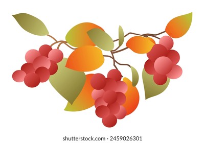Autumn red berries with leaves in flat design. Fall rowan or grape branch. Vector illustration isolated.