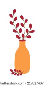 Ramas rojas otoñales en una botella naranja aisladas en un fondo blanco. Dibujo vectorial plano de dibujos animados.