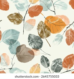 Autumn Red Brown Beige Grey Orange Oak Eucalyptus Leaf Foliage Watercolor Abstract Scandinavian Design Seamless Pattern Wallpaper Curtain Bedding Background Upholstery Gift Wrapping Paper Vector
