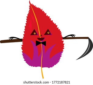 Autumn red leaf with triangular carved eyes and a sharp scythe behind the back cartoon character for Halloween with a beautiful pattern object on a white background