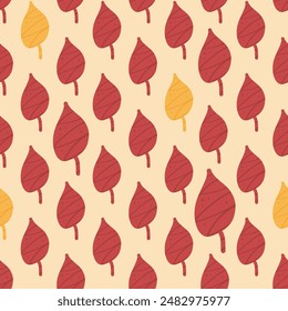 Autumn red leaves seamless pattern. Fall forest foliage repeat background. Vector hand drawn flat illustration.