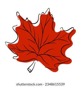 Autumn red maple leaf icon in line art, flat style. Vector illustration isolated on a white background.