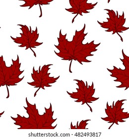 Autumn red maple leaves. Detailed intricate hand drawing. Isolated on white background. Chaotic distribution of elements. Seampless pattern. EPS10 vector illustration.