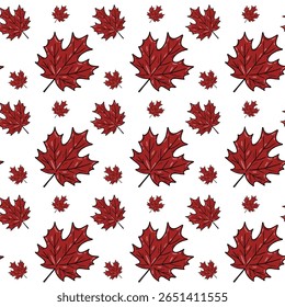 Autumn red maple leaves, seamless pattern, hand-drawn contour illustration. For autumn events and projects, decoration, backgrounds, covers, textile prints, packaging design, decorative applications 