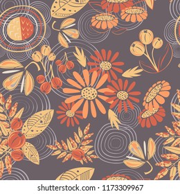 autumn  red, orange and yellow leaves of rowan, flowers of asters and berries of gooseberry vector seamless pattern background