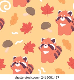 Autumn Red Panda Pattern with Leaves and Mushrooms